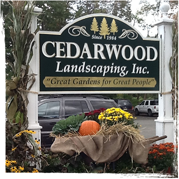Cedarwood Landscaping business sign with halloween decorations including pumpkins, burlap, and yellow mums